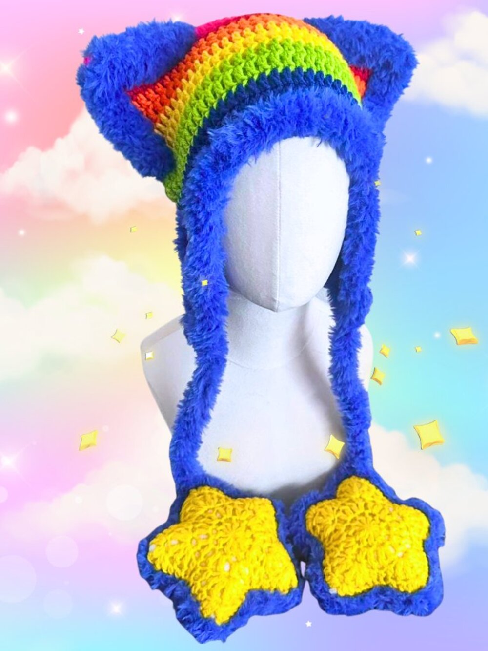 Handmade Rainbow Cat Ear Furry Plush Hat Stars Clown Rave Festival Kawaii Pride